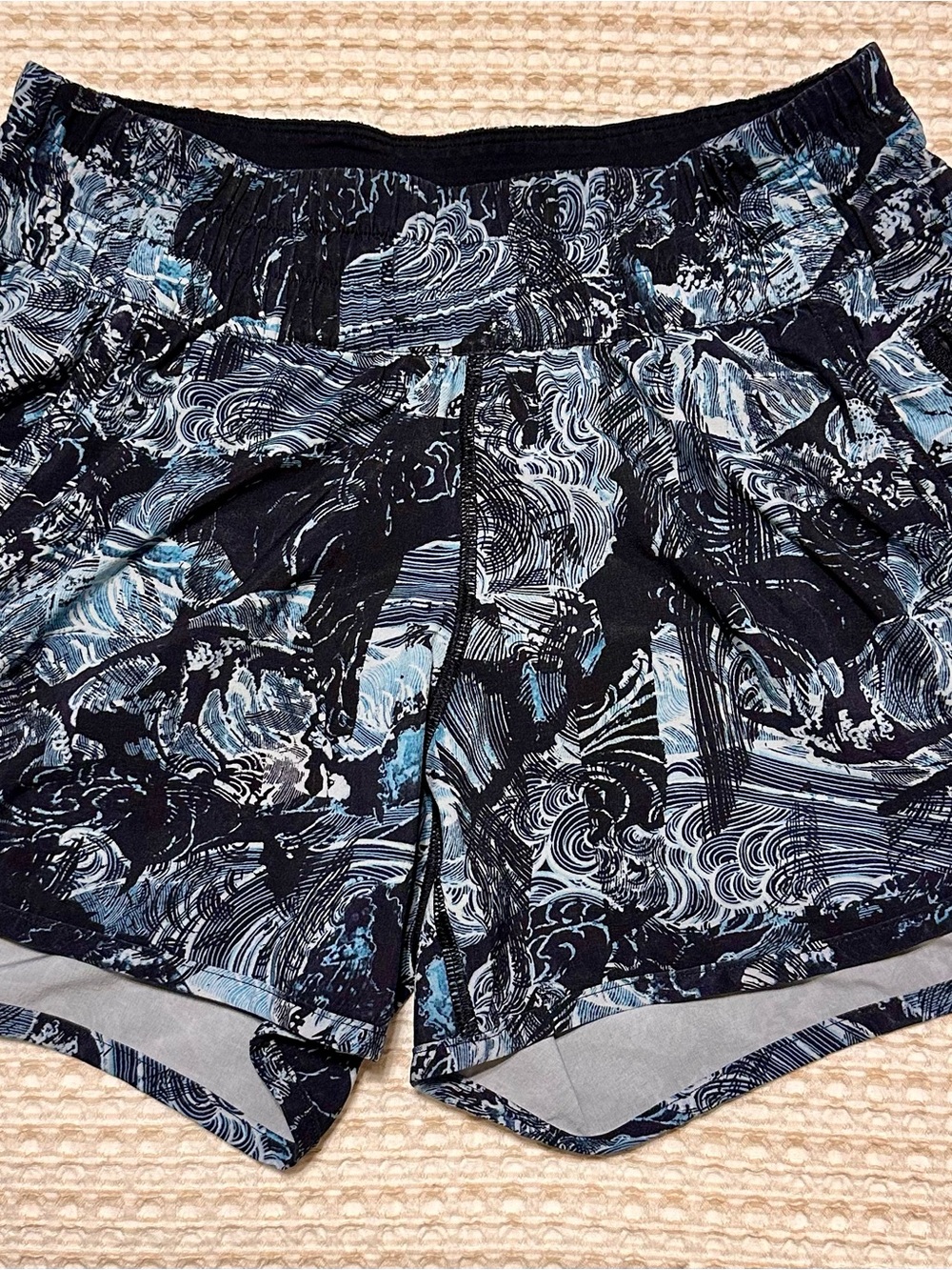 lululemon athletica Black and Blue Wave-Print Athletic Shorts